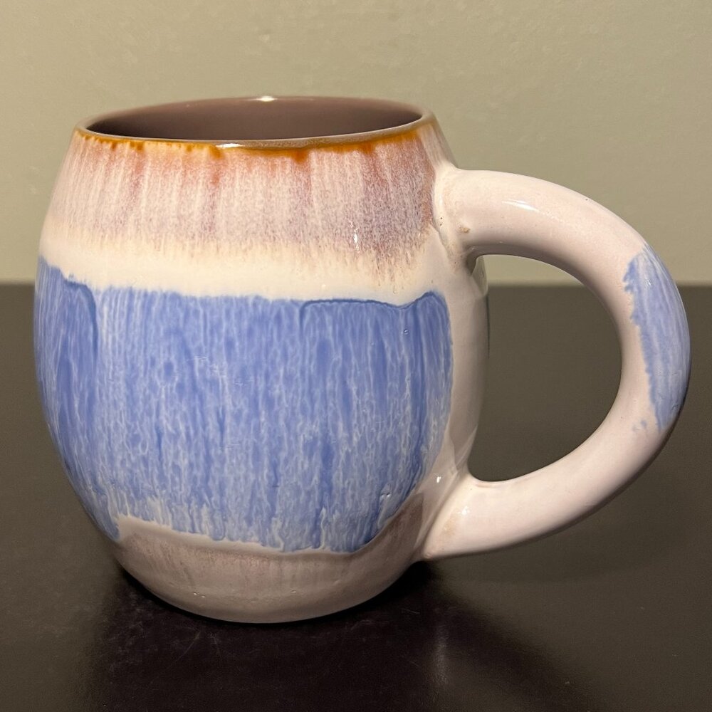 MY CAFE Handcrafted Barrel-Shaped Jumbo Drip Glaze Mug in Blue, Gray & White
